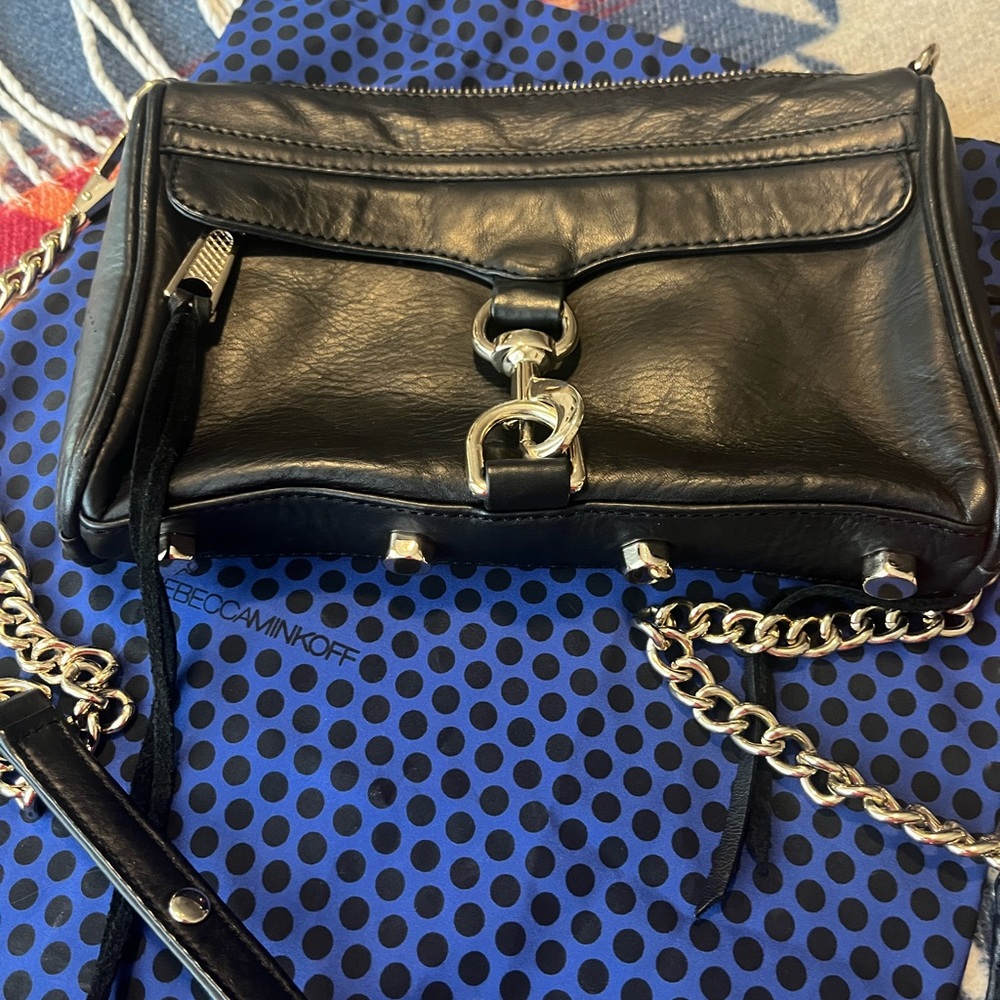Rebecca Minkoff Black Leather Crossbody with Gold Chain